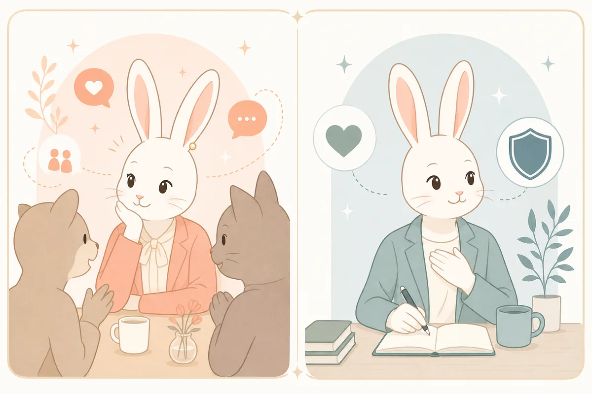 ちゃっかりうさぎタイプの愛嬌と誠実さのバランスを示す編集イラスト