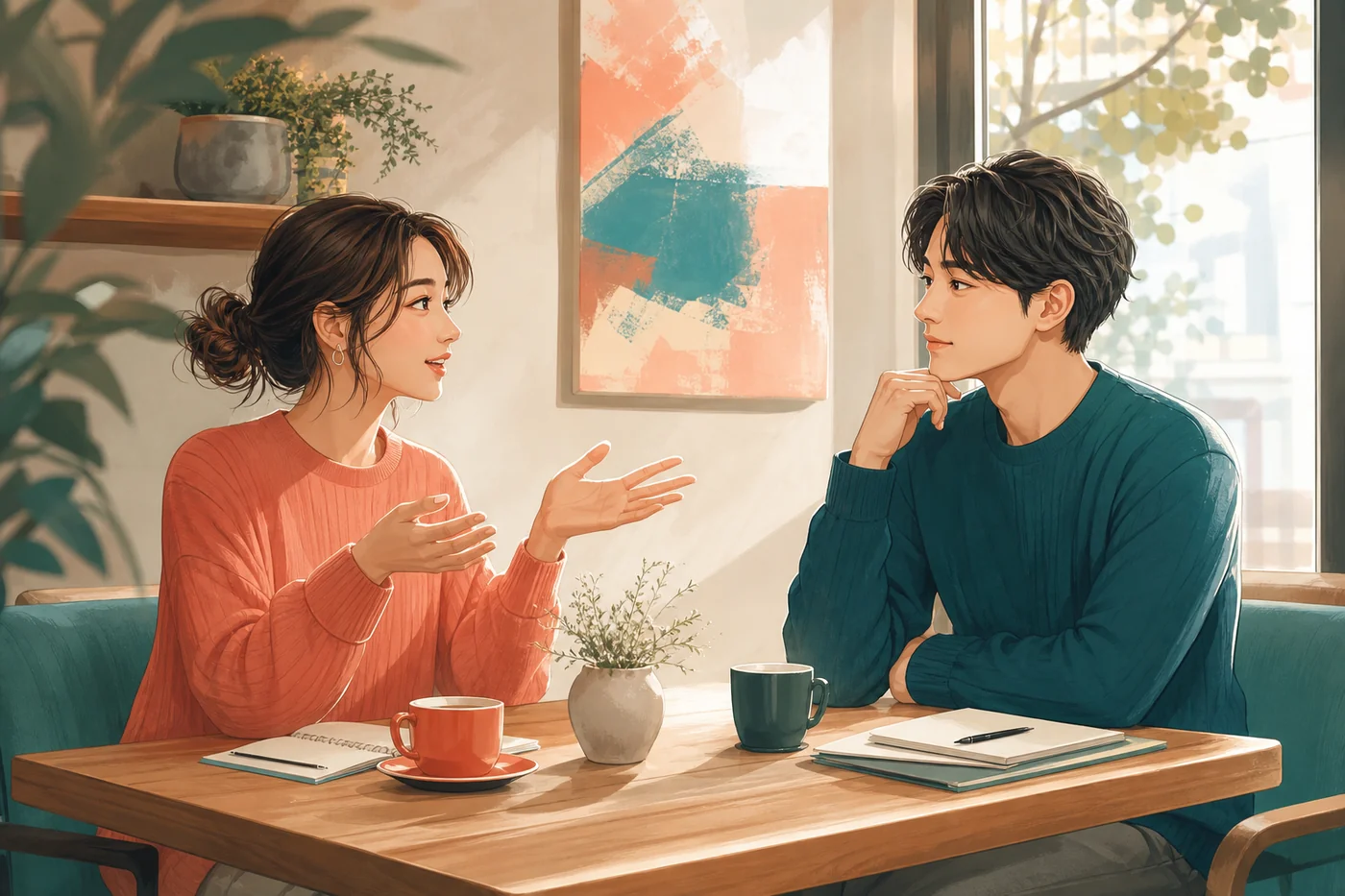 ENFPの恋愛で率直な会話と傾聴を実践するカップルのイラスト