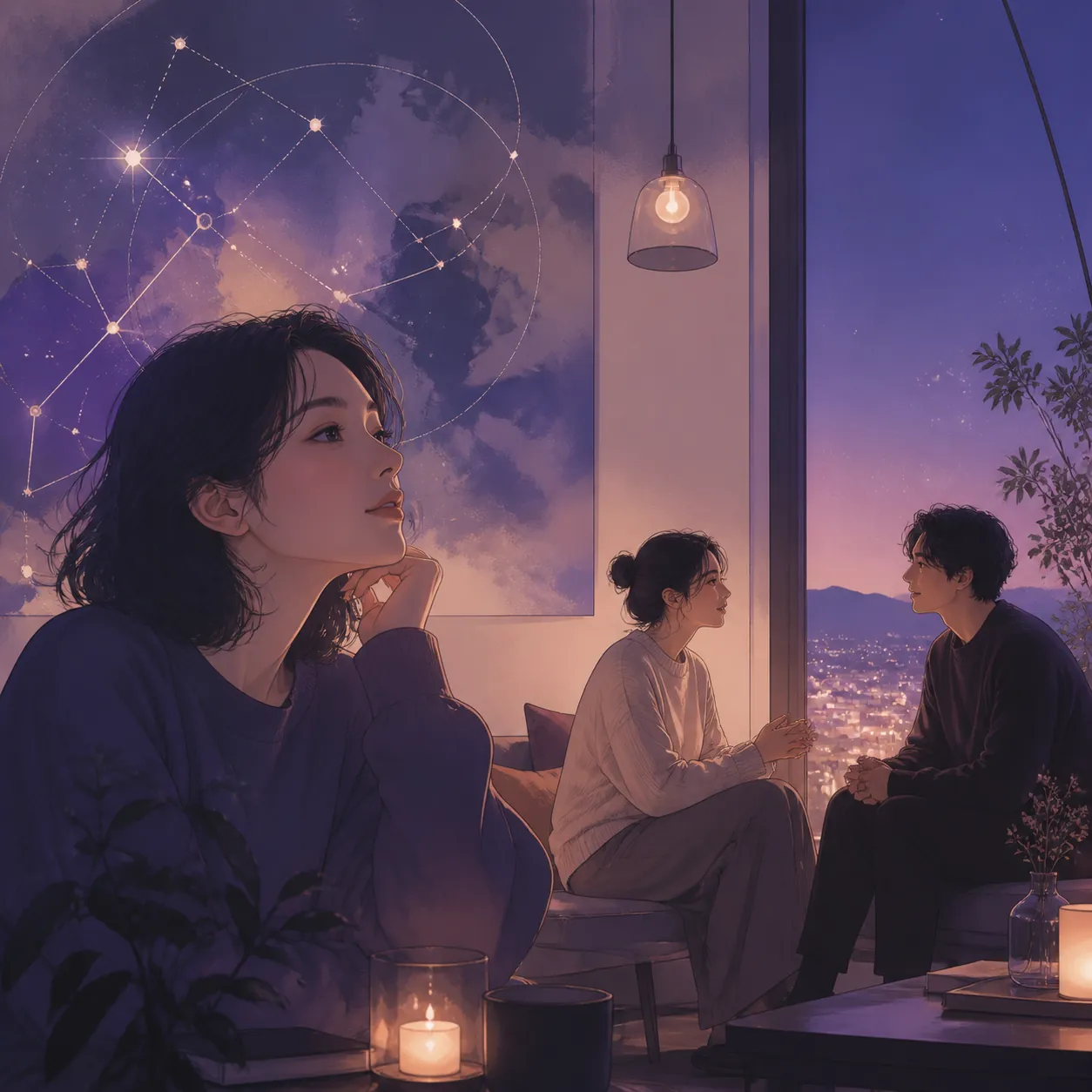 INFJの内省と二人の静かな会話を表現した恋愛相性のイラスト