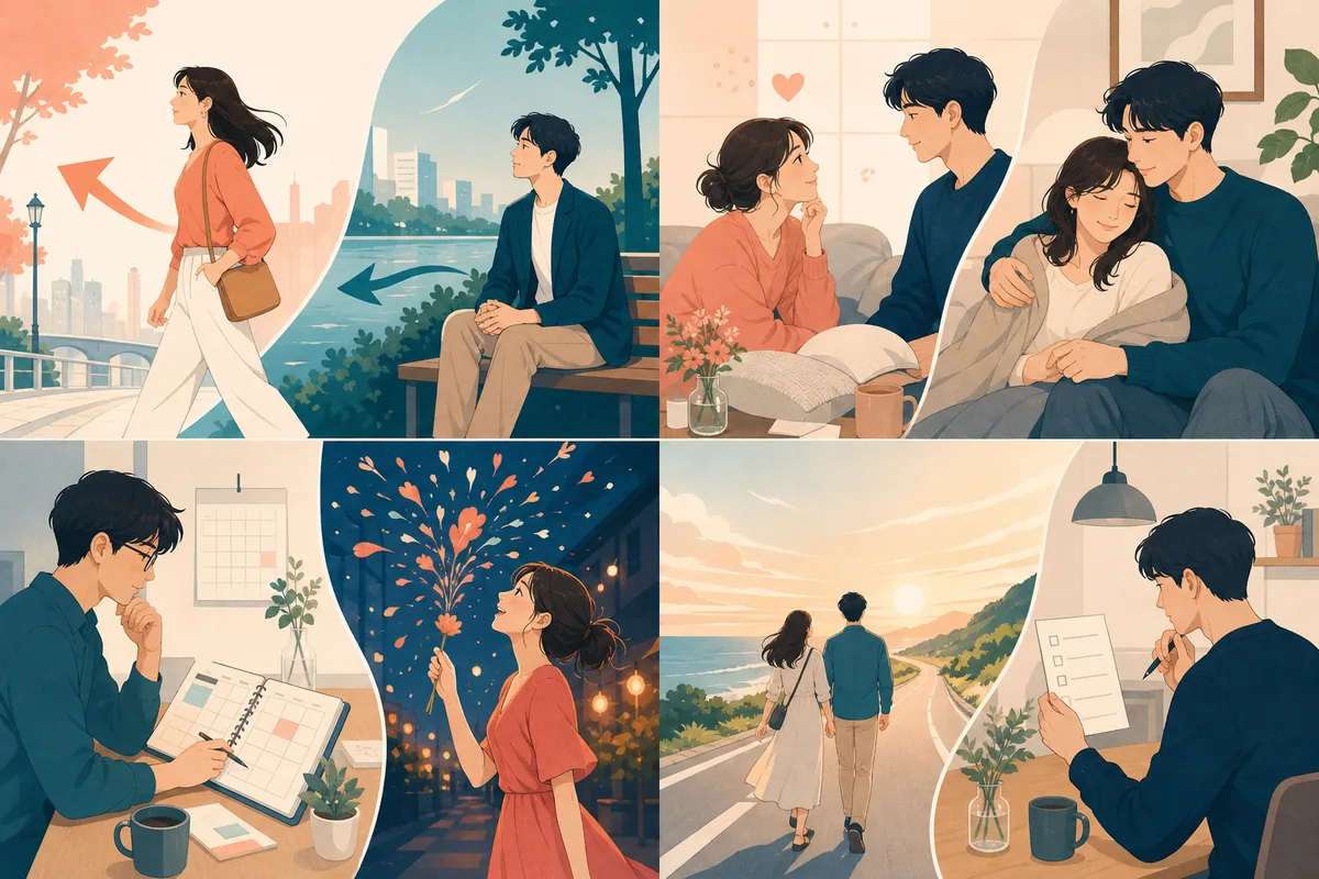 主導性、愛情、現実性、関係への姿勢というラブタイプ4指標の違いを示す編集イラスト