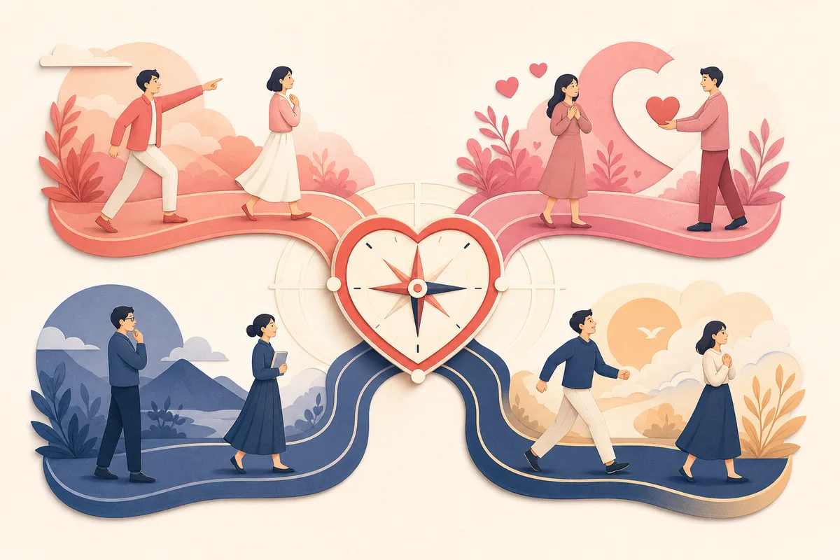 ラブタイプの4組のアルファベットを恋愛の分かれ道として表した編集イラスト
