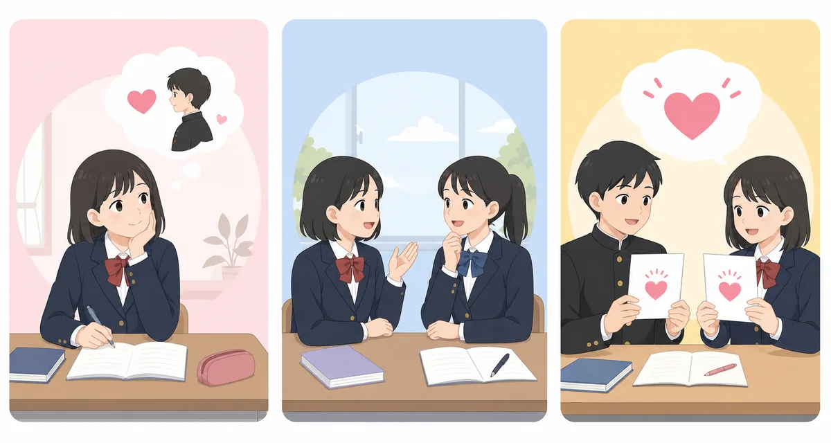 片思い、友達関係、相性確認の3つの場面を整理する中学生向け恋愛診断のイラスト