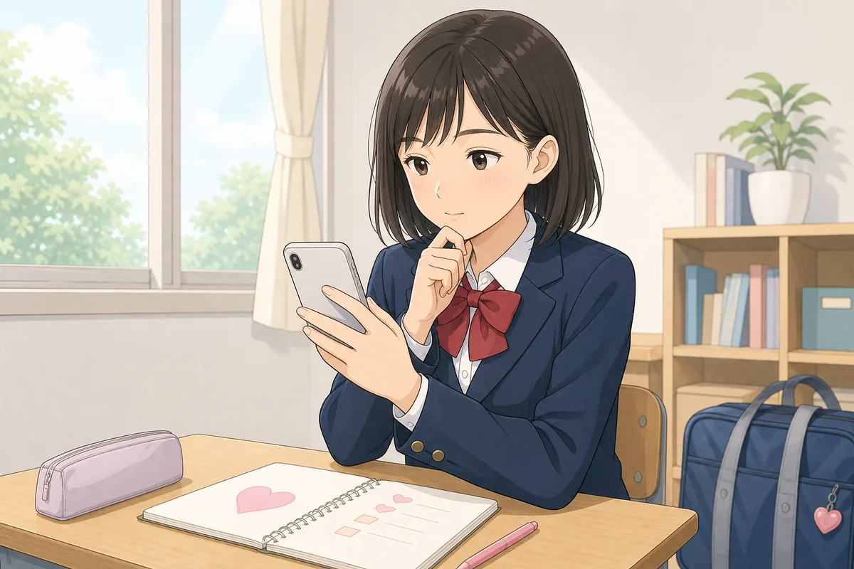 中学生がスマートフォンで恋愛診断を使いながら気持ちを整理するイラスト
